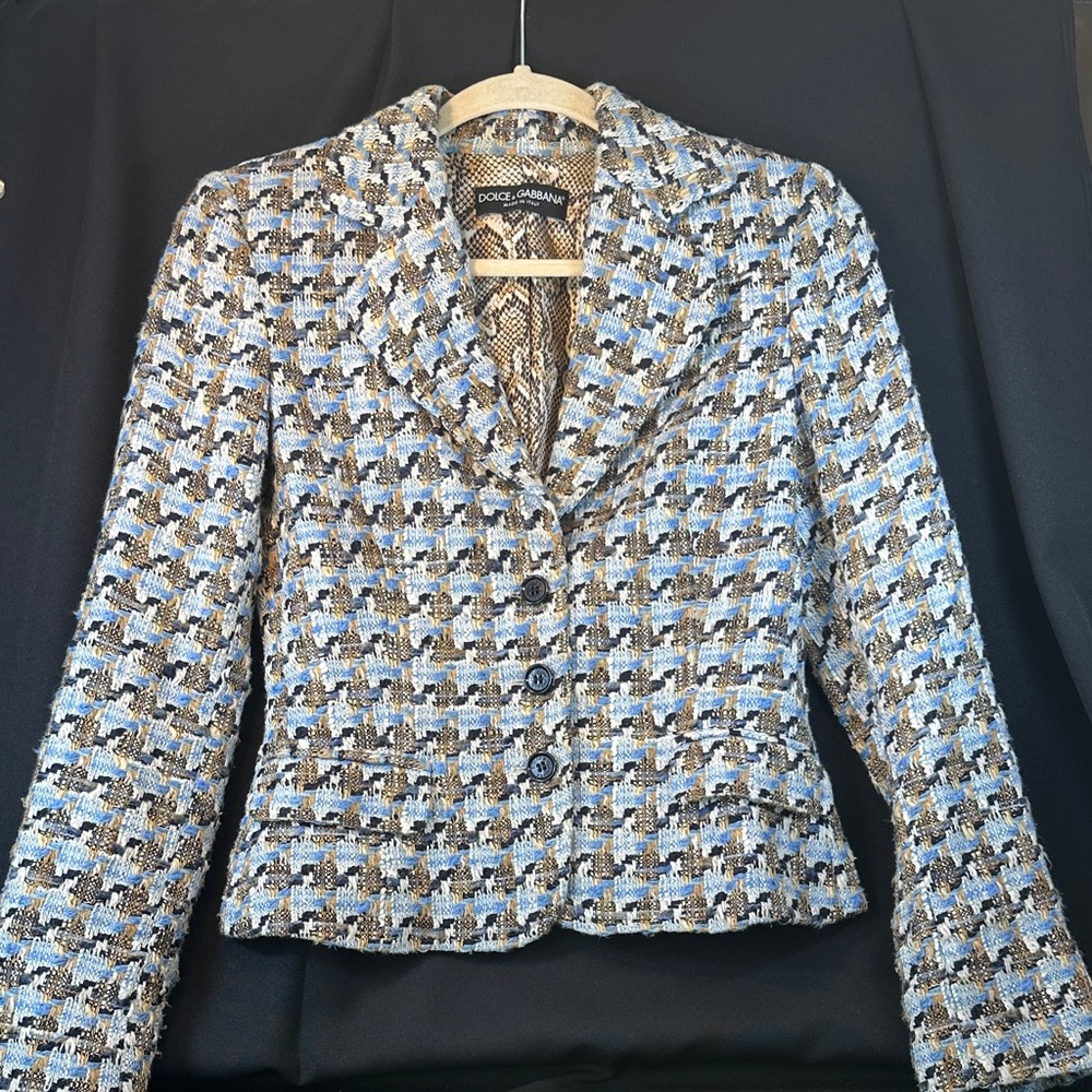 Dolce & Gabbana Women's Houndstooth Blazer Sky Blue/Navy/Tan - Italian Size 38